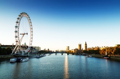 london skyline landscape at sunrise with big ben, palace of westminster, london eye, westminster bridge, river thames, london, england, uk.