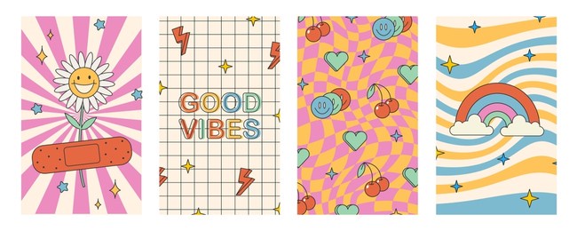 groovy hippie 70s posters. funny cartoon flower, rainbow, love, daisy etc. vector cards in trendy retro psychedelic cartoon style. vector stock backgrounds. flower power. good vibes.