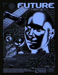 retro futuristic poster with cyborg head, space satellites and planet earth. print in the style of the future, for streetwear, print for t-shirts and sweatshirts on a black background