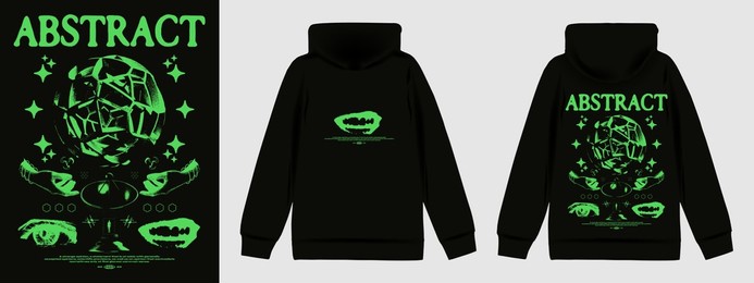 poster with abstract geometric shapes and pixel stars. print in techno style, for streetwear, print for t-shirts and sweatshirts on a black background