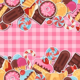 seamless pattern colorful sticker candy, sweets and cakes.