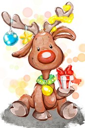 the drawing in watercolor and colored pencils of a christmas deer, with toys for the tree and a gift. 