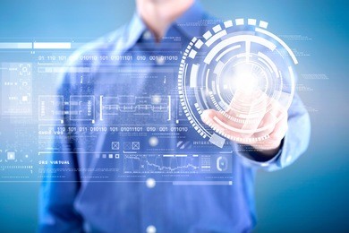 man pressing on button of digital virtual screen