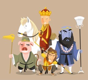 journey to the west chinese mythology novel tale, vector illustration cartoon.