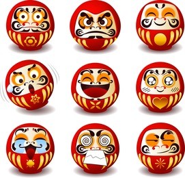 daruma japanese traditional doll, bodhidharma zen buddhist bearded monk, lucky charm, symbol of perseverance and encouragement, set of icon illustrations