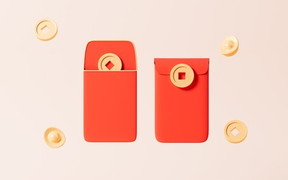 red envelopes and coins in the yellow background, spring festival theme scene, 3d rendering. digital drawing.