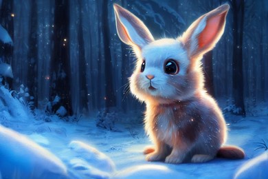 cute funny rabbit on the background of a fabulous winter forest, christmas card