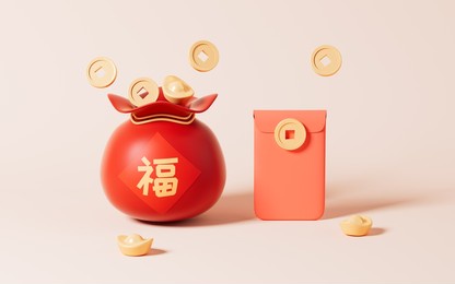 lucky bag with chinese character" fu " and red envelopes, spring festival theme scene, 3d rendering. digital drawing.