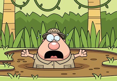 a cartoon illustration of an explorer trapped in quicksand.