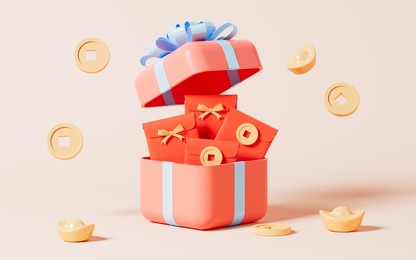 opening gift with red envelopes, spring festival shopping theme, 3d rendering. digital drawing.