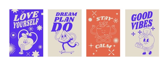 vector collection of retro groovy posters with characters- strawberry, flower, peach and waterlemon with typography quote. placard for print