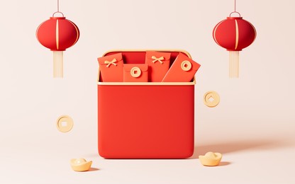 red envelopes and lanterns in the yellow background, spring festival theme scene, 3d rendering. digital drawing.