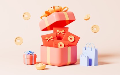 opening gift with red envelopes, spring festival shopping theme, 3d rendering. digital drawing.