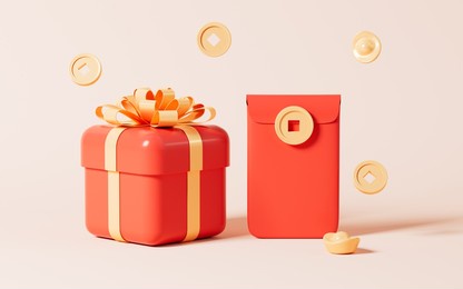 red envelopes and gift in the yellow background, spring festival theme scene, 3d rendering. digital drawing.