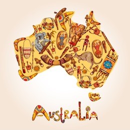 australia native aboriginal tribal ethnic colored sketch symbols in australian continent shape vector illustration