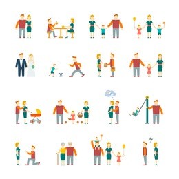 family figures flat icons set of parents children married couple isolated vector illustration