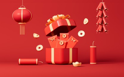 opening gift with red envelopes, spring festival shopping theme scene, 3d rendering. digital drawing.