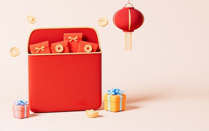 red envelopes and gift in the yellow background, spring festival theme scene, 3d rendering. digital drawing.