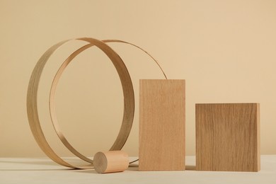 minimalist wooden scene. abstract minimal empty stage with rectangle podiums on beige background. mockups display for product presentation.	
