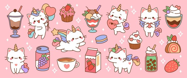 cute little unicorns cats sweets. sugar desserts and drinks, fruit milk and fairy animals, kawaii rainbow pets with cupcakes, cartoon stickers, adorable fantasy kittens tidy vector isolated set