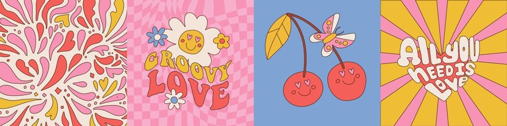 set of hippie 60s 70s retro style valentine's day square posters. banners with wavy lines, hearts, distorted background and lettering quotes. groovy template for greeting cards. vector design.