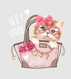 cute little kitten in pink fashion hand bag cartoon vector illustration