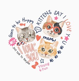 typography slogan with cute kittens in heart shape vector illustration
