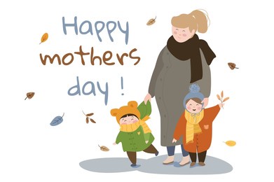 happy mothers day concept background. smiling mom holds hands of her daughters, little girls congratulate mommy on holiday. greeting holiday card. illustration in flat cartoon design