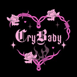 y2k graphic goth barbed wire heart with spikes and slogan: crybaby, weird black and pink creepy print.glamor gothic 2000s, 1990s, 90s, 00s, barbed aesthetic. emo psychedelic vector icon.