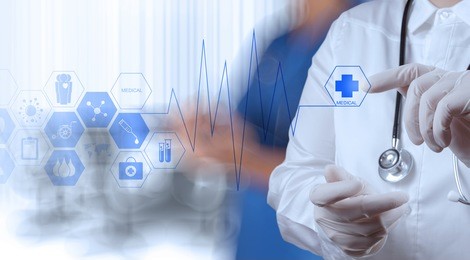 medicine doctor hand working with modern computer interface as medical concept