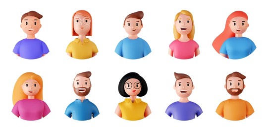 set of 3d portraits of happy people on a white background. cartoon characters woman and man, vector illustration.