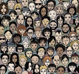 happy people - hand drawn seamless pattern of a crowd of many different people from diverse cultural backgrounds who are smiling and happy (there's an image with unhappy people in my portfolio too)