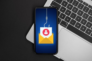 phishing bait alert concept on a smartphone screen over a keyboard