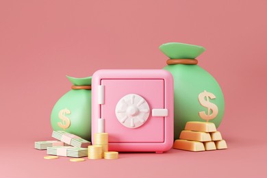 cartoon pink bank safe with money  bags golden bars coins and cash on pink studio background. 3d rendering
