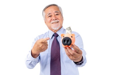 asian businessman elderly men hold piggy bank, cheerful and confident, finance and employment, entrepreneur and money currency payment bill concept.