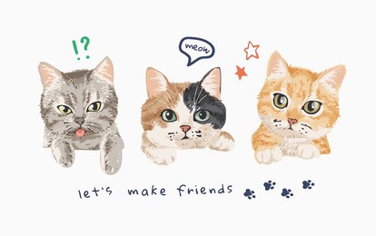 typography slogan with cute kittens friendship vector illustration
