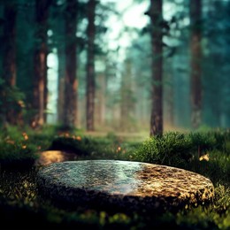 flat stone podium in the magical forest 3d illustration, empty round stand background, natural stage for cosmetic product display minimal design
