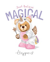 magical happens slogan with cute bear doll in unicorn costume vector illustration