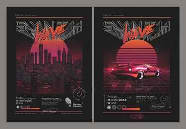 vintage synthwave or retrowave styled party or music festival or concert flaers or posters design template with retro neon city and sport car on dark background. vector illustration