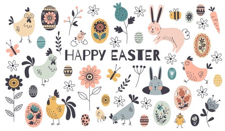 happy easter cartoon elements. decorative religious holiday objects, painted eggs, cute chickens, funny bunnies, hand drawn spring flowers and leaves, isolated festive decor, tidy vector set