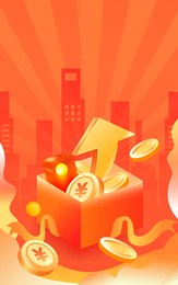 financial planning scene, the background is a gift box with a lot of gold coins and various coupons, vector illustration