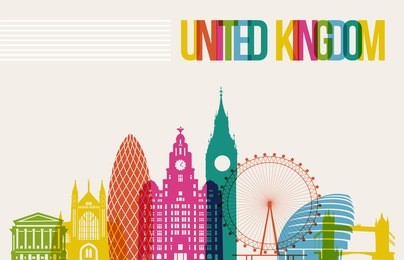 travel united kingdom famous landmarks skyline multicolored design background.