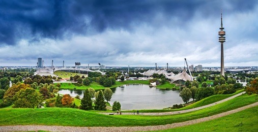 olympic park in rainy weather, munich, germany