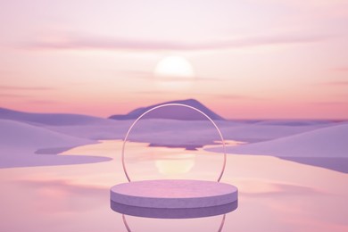 3d podium with copy space for product display presentation on tropical sunset beach abstract background. tropical summer and vacation concept. graphic rendering illustration art design.