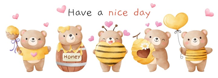 draw vector illustration character design banner cute  bee bear for spring and summer  watercolor style