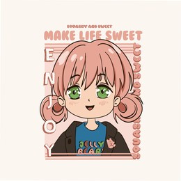 make life sweet squashy girl jelly illustration drawing graphic design cartoon cute anime happy children child girl boy man woman baby fashion trend t-shirt print fabric pink orange vector positive