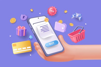 online shopping concept 3d illustration. icon composition with hand holds mobile phone and paying for purchase, credit card, shop cart, gifts for customer. illustration for modern web design