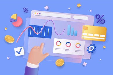 financial report concept 3d illustration. icon composition with dashboard with data charts, graphs, diagrams and credit card. business analytics, accounting. illustration for modern web design