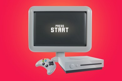 3d realistic game console with controller and monitor or tv screen in minimal funny cartoon style. modern design element on color background. vector illustration or icon gamepad.