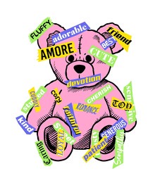 a teddy bear illustration  with embellished randomly placed slogan stickers